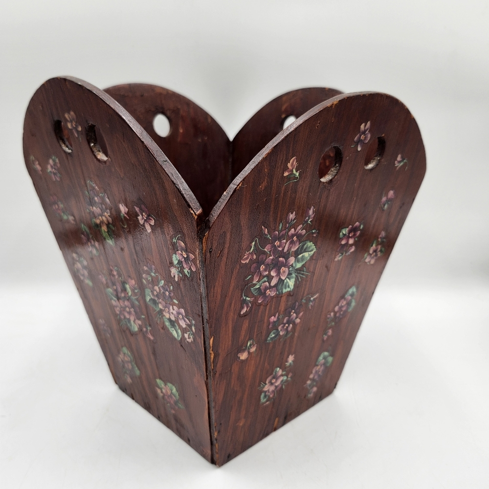 11" x 6" Vintage Wood Folk Art basket planter trash can decoupage flowers